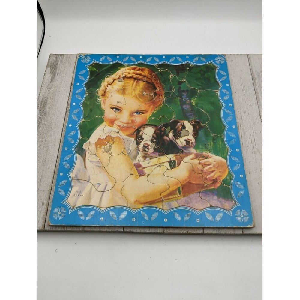 Vintage Jigsaw Puzzle Tray 11 1/2"x10" Girl Puppies S.P. Co 7343
